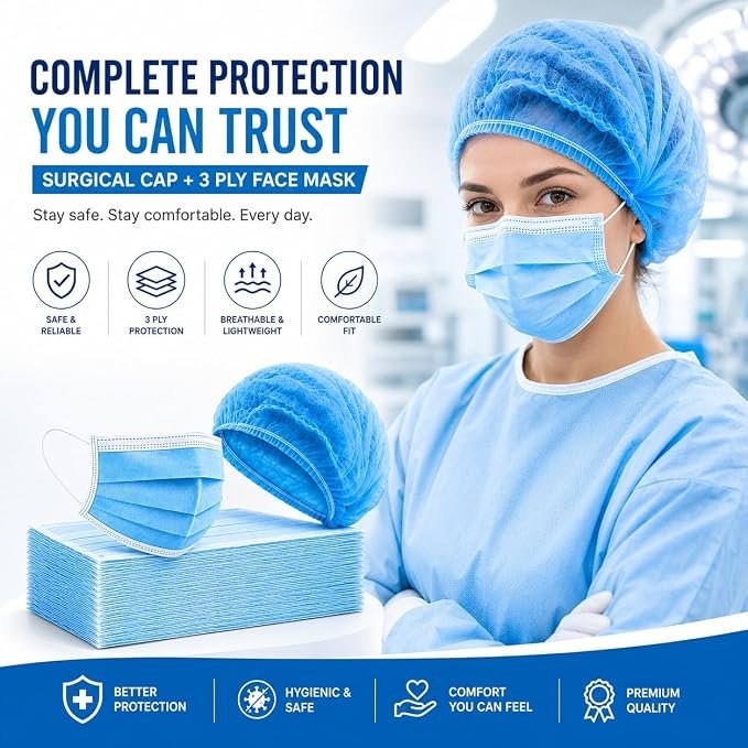 71JaqNh8Y1L._SX679_ Disposable Combo – 100 Blue 3-Ply Masks + 100 Bouffant Caps - Image 1