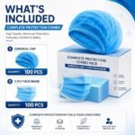 Disposable Combo – 100 Blue 3-Ply Masks + 100 Bouffant Caps - Image 2